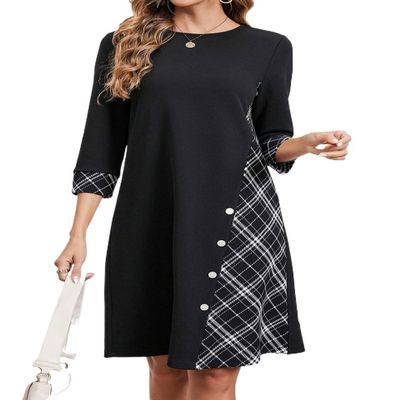 Women's Dress Plaid Print Button Detail Tee Dress (Color : Black, Size : X-Large)