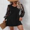 Contrast Lace Lantern Sleeve Dress (Color : Black, Size : Small) view 2