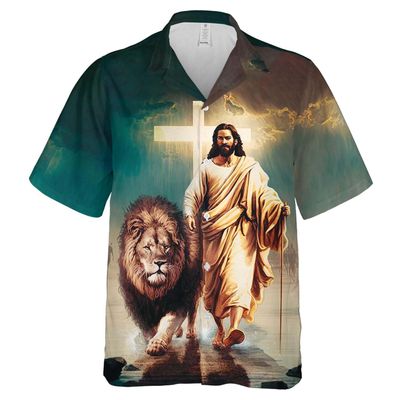 Men's Jesus & Lion Hawaiian Shirts - God Button Down Mens Hawaiian Shirts Short Sleeve Series 04 Size XL