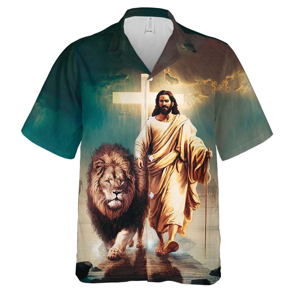 Men's Jesus & Lion Hawaiian Shirts - God Button Down Mens Hawaiian Shirts Short Sleeve Series 04 Size XL