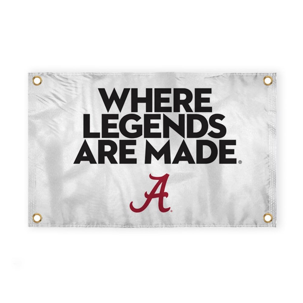 Alabama Collegiate Crimson Tide Where Legends Are Made Primary A Logo with 4 Brass Grommets - 4x6 Ft - Printed Double-Layered 2 ply 200 Denier Nylon - Correctly Reads on Both Sides - Finished Ends for Added Durability - Quadruple Stitched Fly End