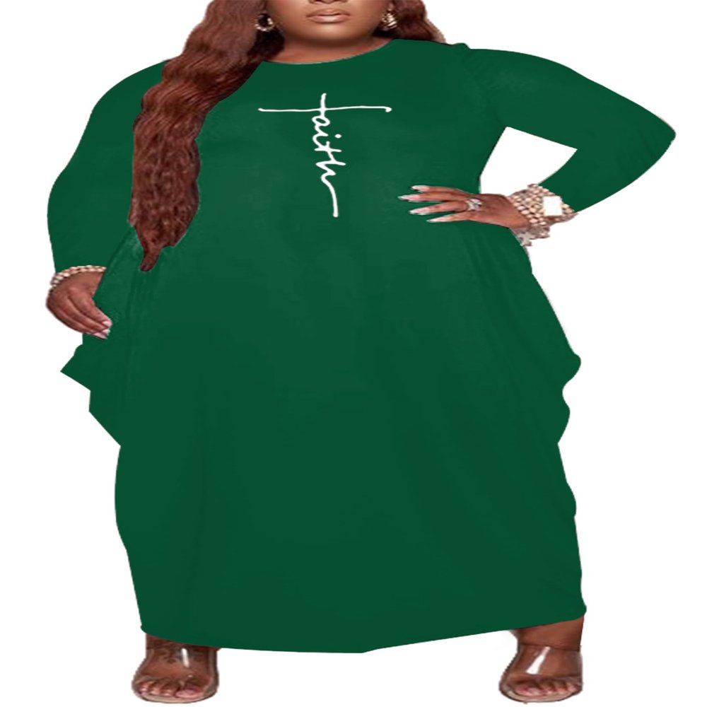 Womens Casual Plus Size Long Maxi Fall Dress Long Sleeve Faith Print Oversized Tunic Shirt Dress with Pockets