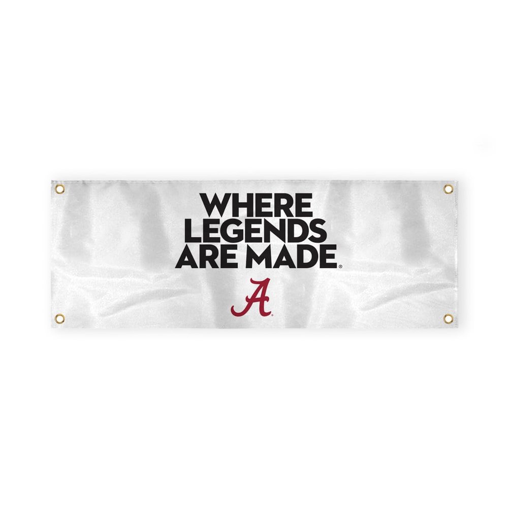 Alabama Collegiate Crimson Tide Where Legends Are Made Primary A Logo with 4 Brass Grommets - 2x4 Ft - Printed Double-Layered 2 ply 200 Denier Nylon - Correctly Reads on Both Sides - Finished Ends for Added Durability - Quadruple Stitched Fly End
