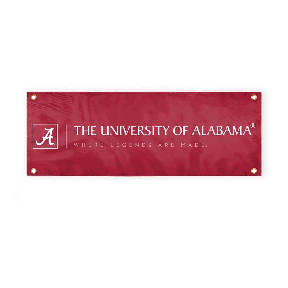 Alabama University Crimson Tide Red Design Logo with 4 Brass Grommets - 3x8 Ft - Printed Double-Layered 2 ply Polyester - Correctly Reads on Both Sides - Finished Ends for Added Durability