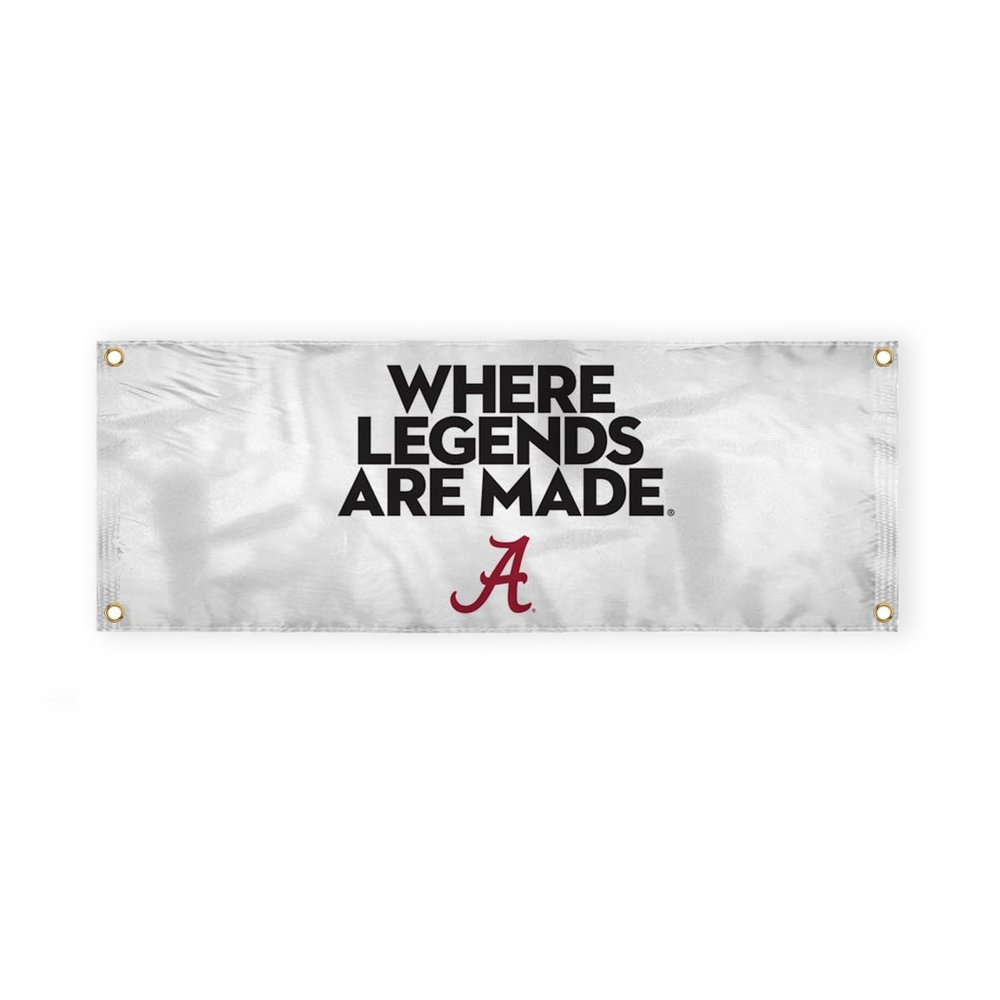 Alabama Collegiate Crimson Tide Where Legends Are Made Primary A Logo with 4 Brass Grommets - 3x8 Ft - Printed Double-Layered 2 ply Spun Polyester - Correctly Reads on Both Sides - Finished Ends for Added Durability - Quadruple Stitched Fly End