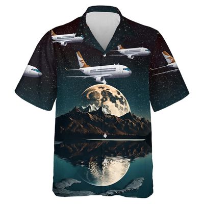 Airplane Hawaiian Shirts for Men - Moon Night Button Down Mens Hawaiian Shirts Short Sleeve Series 23 Size L