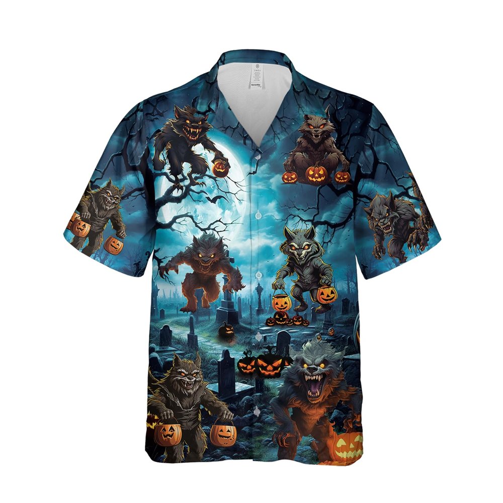 Werewolf Hawaiian Shirts for Men - Scary Night Button Down Mens Hawaiian Shirts Set 91 Size L