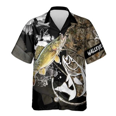 Walleye Fishing Hawaiian Shirts for Men - Camouflage Button Down Mens Hawaiian Shirts Set 46 Size XL