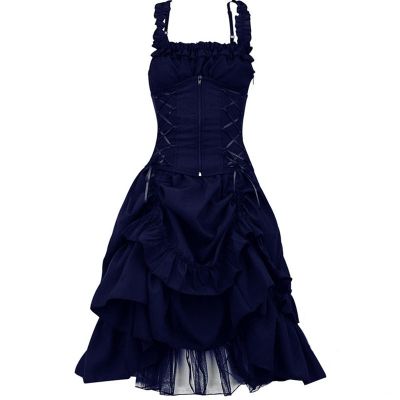 Uillui Womens Steampunk Gothic Dress Medieval Renaissance Lace Up Ruffled Corset Dress Sleeveless High Low Victorian Dress Navy