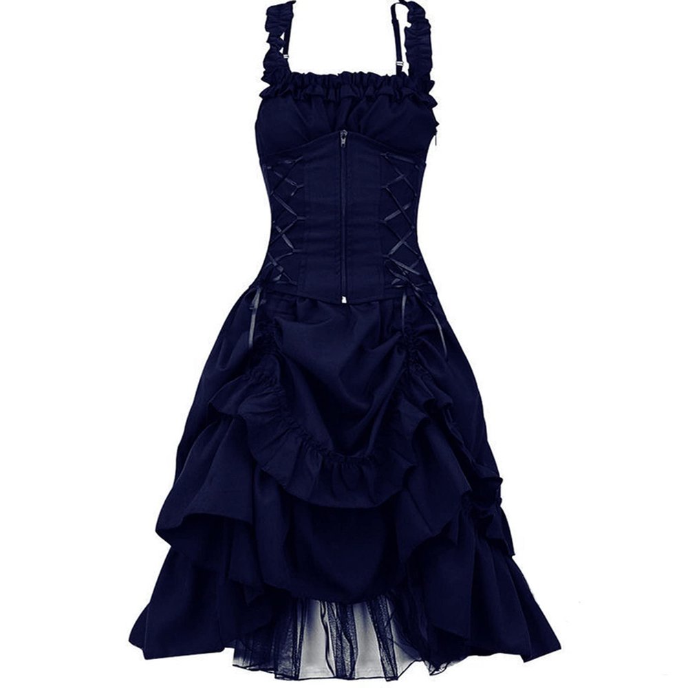 Uillui Womens Steampunk Gothic Dress Medieval Renaissance Lace Up Ruffled Corset Dress Sleeveless High Low Victorian Dress Navy