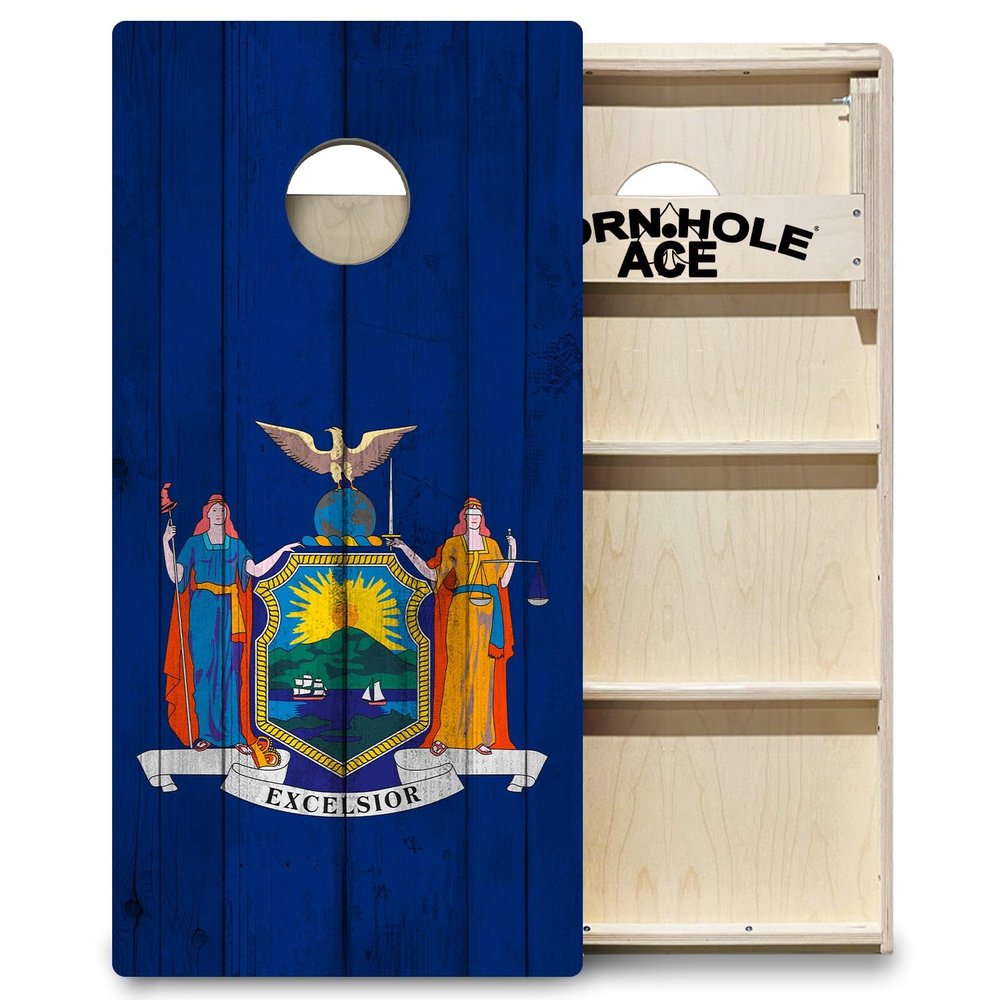 CornholeAce ACE PRO New York State Flag Professional Cornhole Boards - No Bounce! 3/4" Baltic Birch Plywood, Handles, Regulation Size (4x2ft), Tournament Style, Made in USA