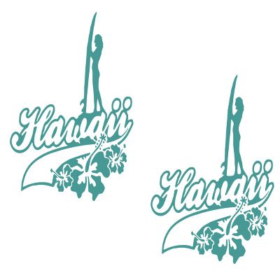 2 Pack - Hawaii - Girl on Surfboard | Decal Vinyl Sticker Graphics for Car Truck SUV Van Window Laptop Tumbler| 5" Width by 5.5" Height HOM0124.054 Turquoise