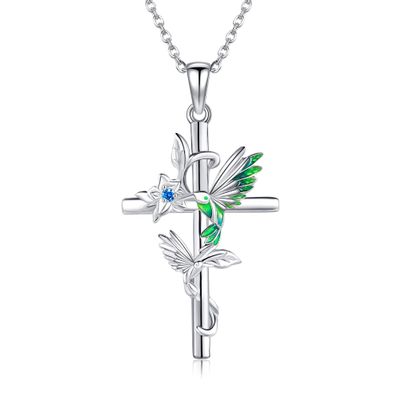 YFN Hummingbird Necklace 925 Sterling Silver Hummingbird Cross Pendant Necklace Bird with Flower Jewelry Gifts for Women