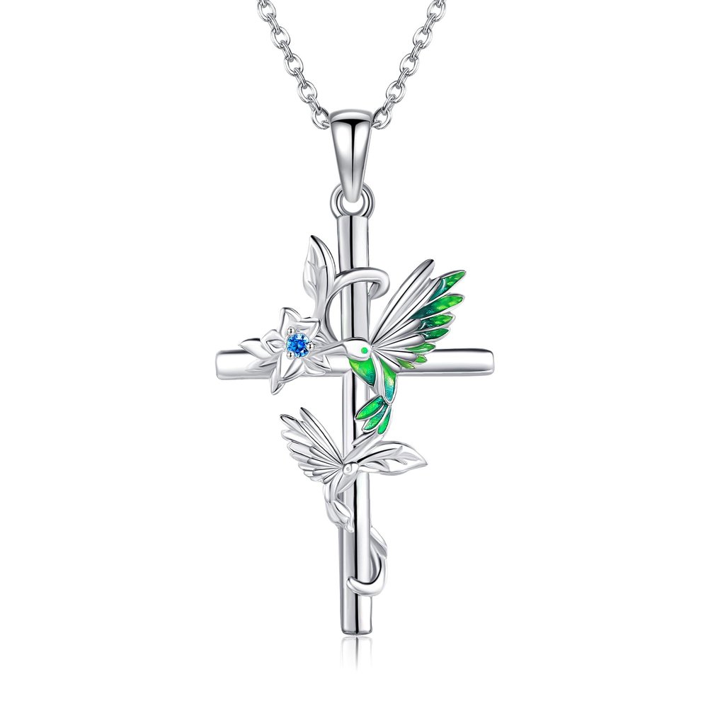 YFN Hummingbird Necklace 925 Sterling Silver Hummingbird Cross Pendant Necklace Bird with Flower Jewelry Gifts for Women