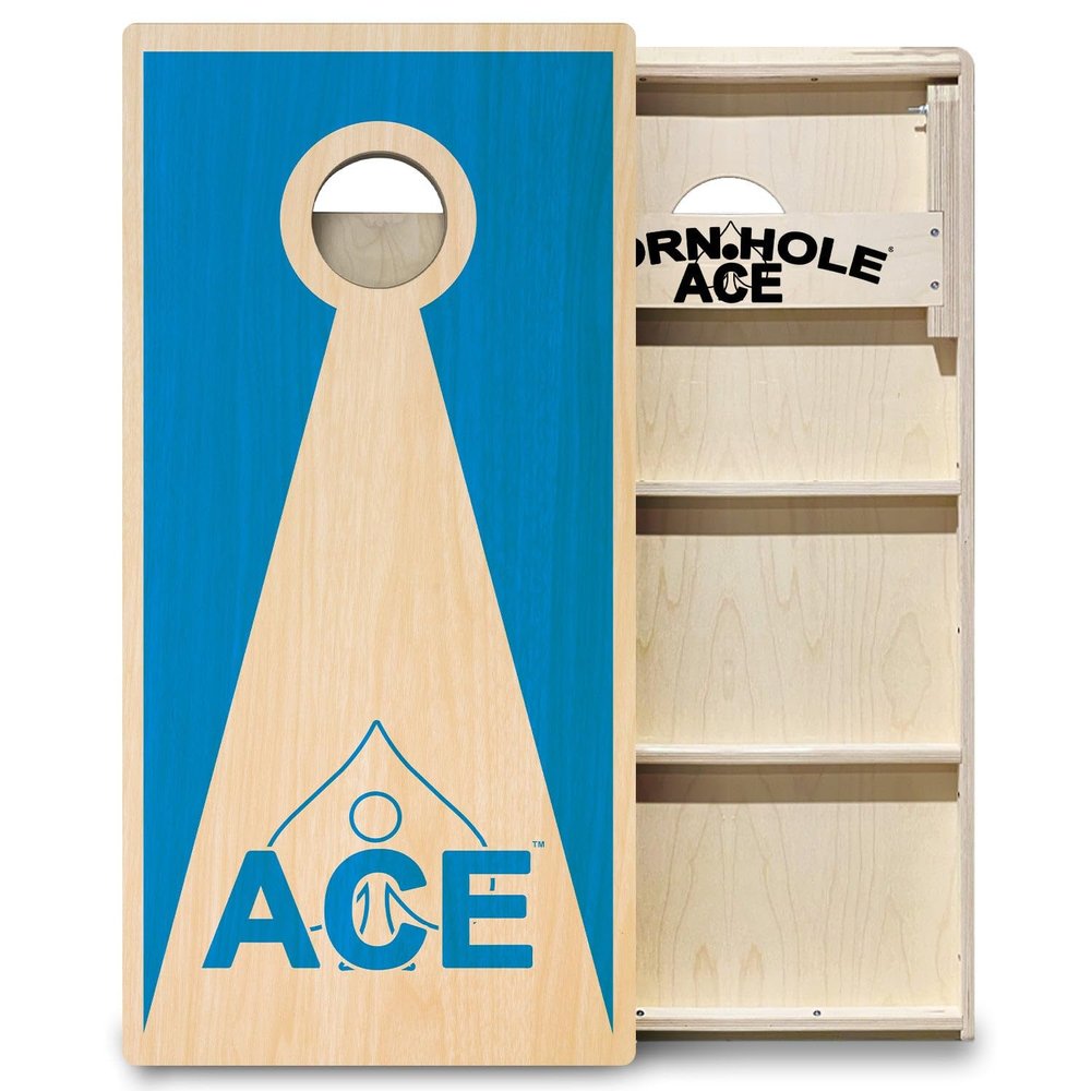 CornholeAce ACE PRO Light Blue Inverse Triangle Professional Cornhole Boards - No Bounce! 3/4" Baltic Birch Plywood, Handles, Regulation Size (4x2ft), Tournament Style, Made in USA