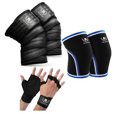 Mava Sports Knee Wraps for Cross Training with Elastic Support + Knee Compression Sleeves + Ventilated Workout Gloves with Integrated Wrist Wraps and Full Palm Silicone Padding for Men & Women