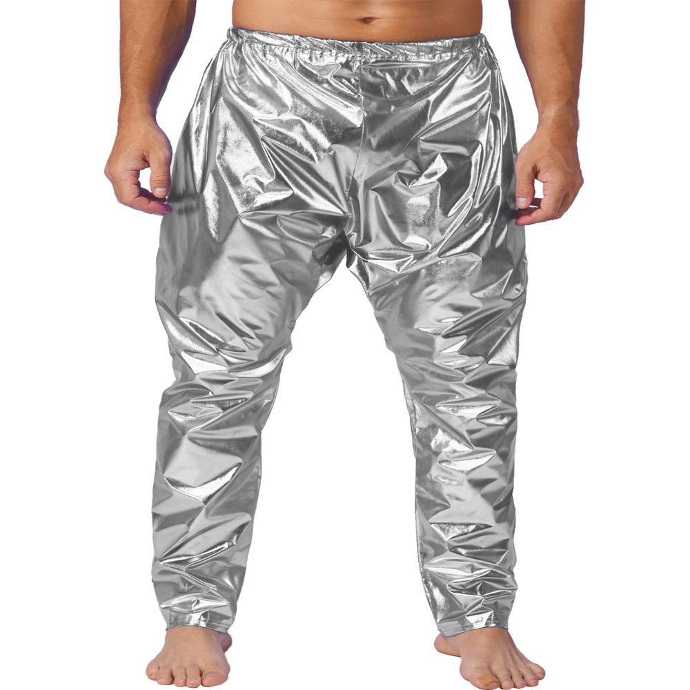 Vxuxlje Men's Shiny Elastic Waistband Harem Pants Jazz Hip Hop Dance Baggy Trousers Clubwear Silver Small