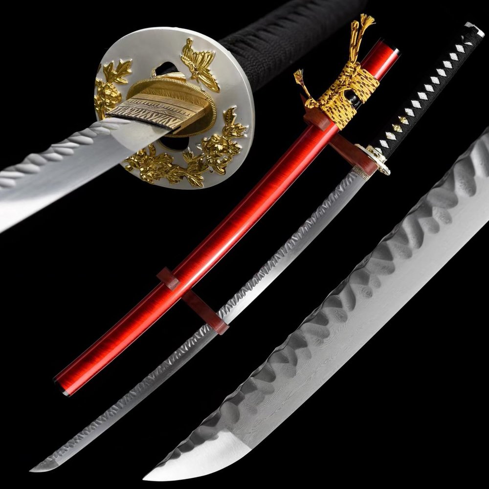 HERO SWORD Beautiful Damascus Steel Japanese Katana Sword Battle Ready Full Tang Stone Pattern Blade Samurai Sword Cool Weapon for Mens Women,Red,Best Gift and Home Decoration