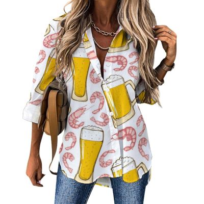 Beer Shrimp Womens Long Sleeve Button Down Shirts V-Neck Print Casual Blouse Tops L