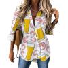Beer Shrimp Womens Long Sleeve Button Down Shirts V-Neck Print Casual Blouse Tops L