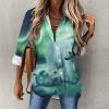 Northern Lights Polar Bear Womens Long Sleeve Button Down Shirts V-Neck Print Casual Blouse Tops L view 2