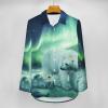 Northern Lights Polar Bear Womens Long Sleeve Button Down Shirts V-Neck Print Casual Blouse Tops L view 3