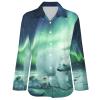 Northern Lights Polar Bear Womens Long Sleeve Button Down Shirts V-Neck Print Casual Blouse Tops L view 4