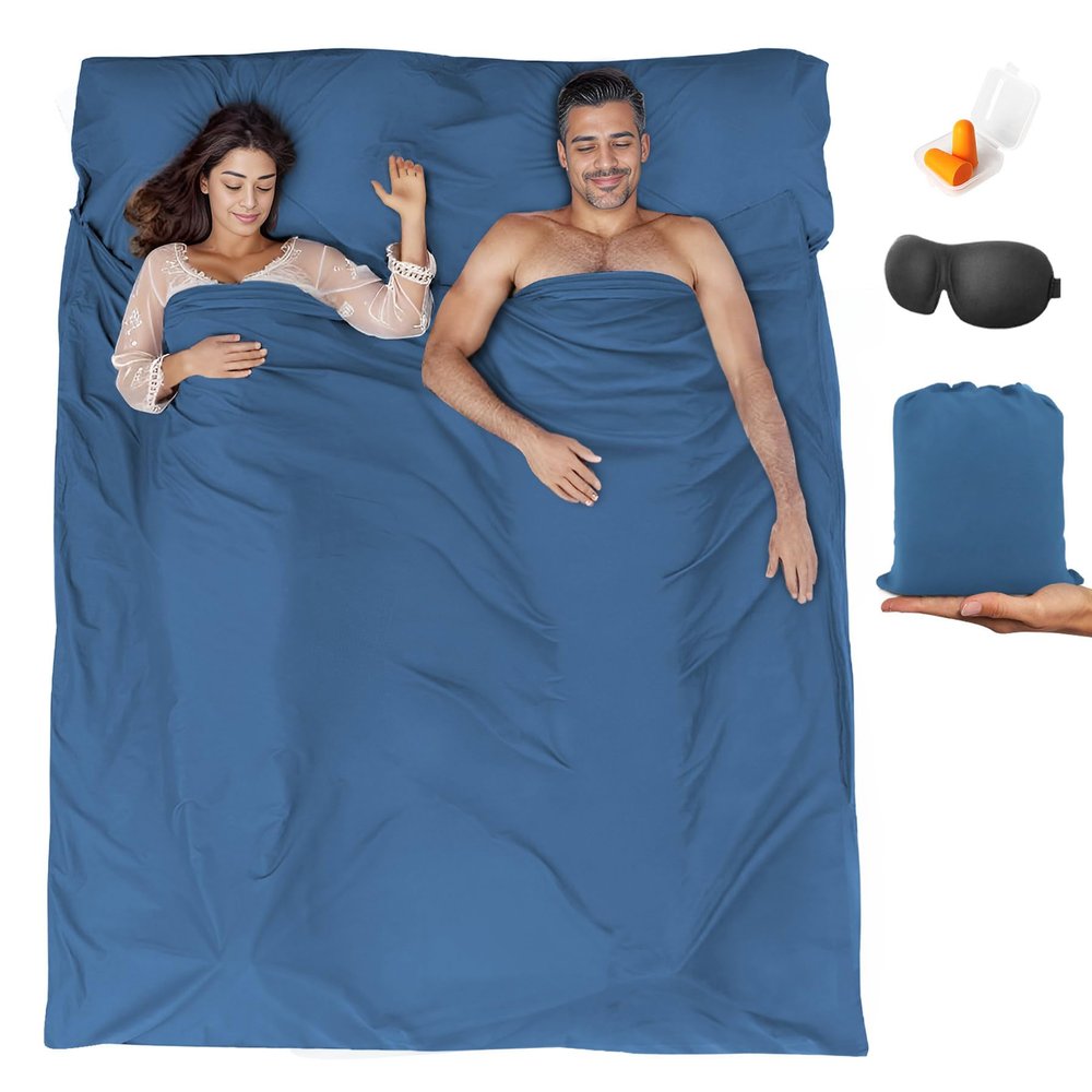 BREENHILL Double Sleeping Bag Liner,Camping Sheets & Travel Sheet, Hostels & Traveling Adult Sleep Sack for Backpacking, Hotels Lightweight Single & Double Camping Sleeping Bag Liners Blue