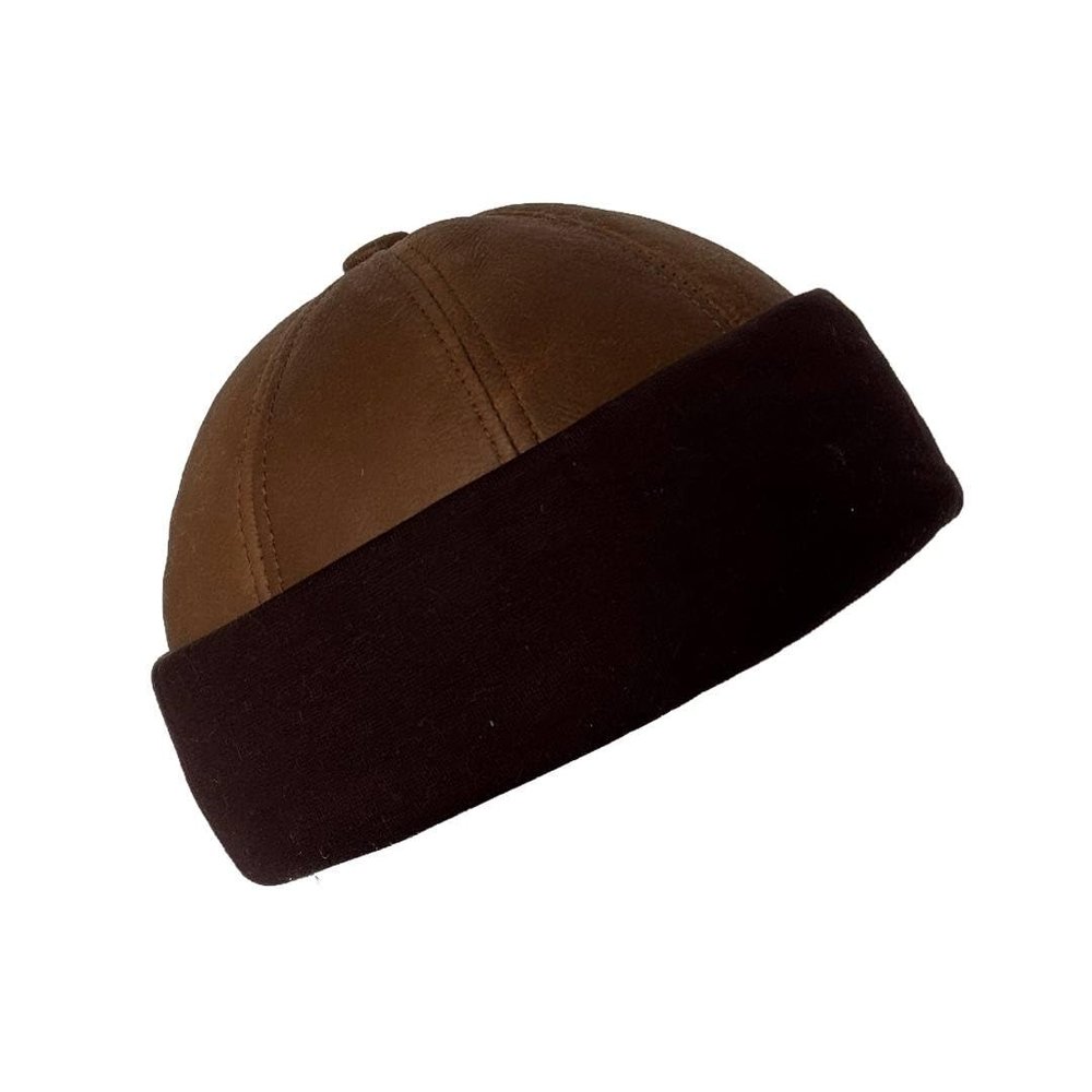 Winter Sheepskin Leather Fur Knit Beanie Cuff Round Bucket Winter Ski Hat (Taupe Brown)
