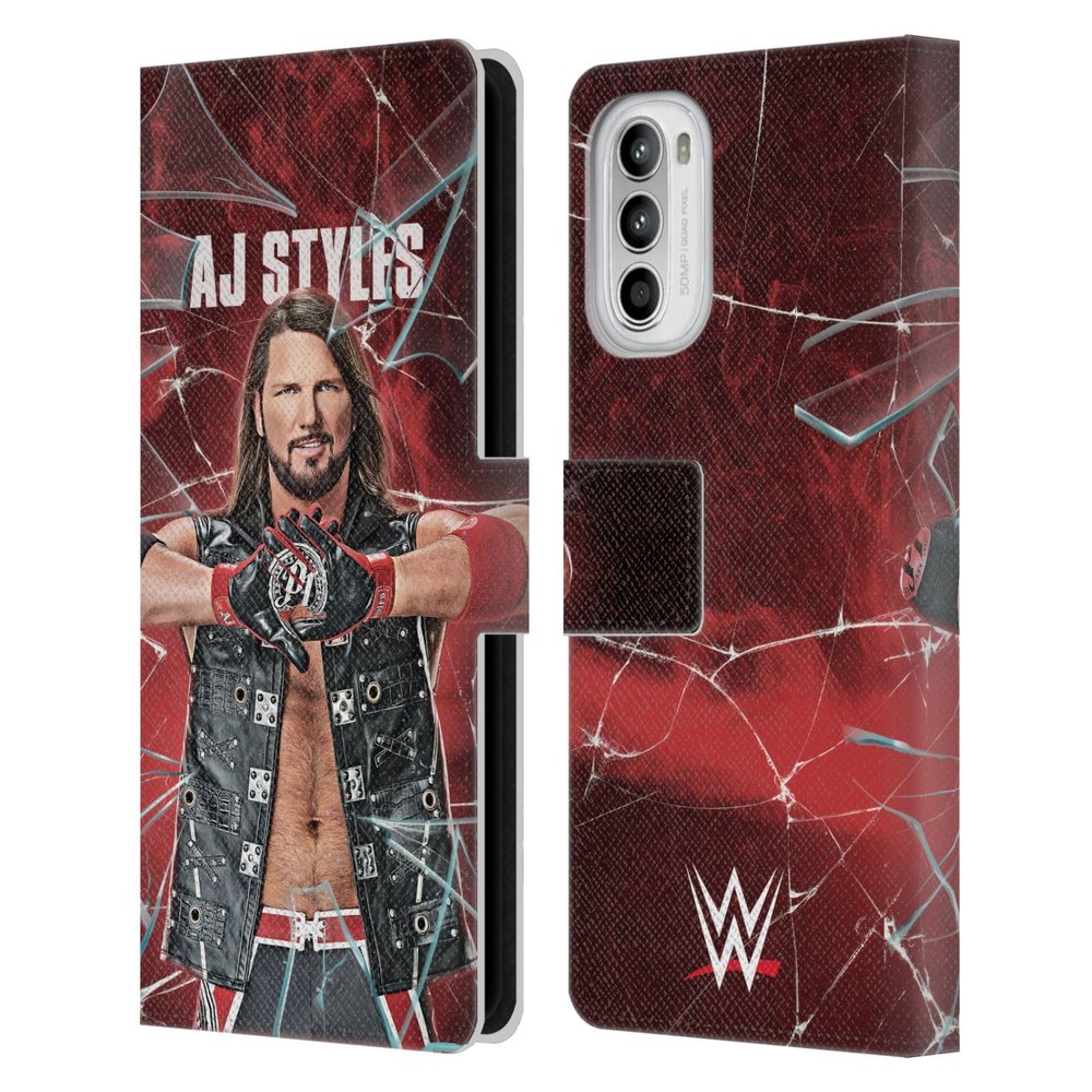 Head Case Designs Officially Licensed WWE Shattered Glass Aj Styles Leather Book Wallet Case Cover Compatible with Motorola Moto G52