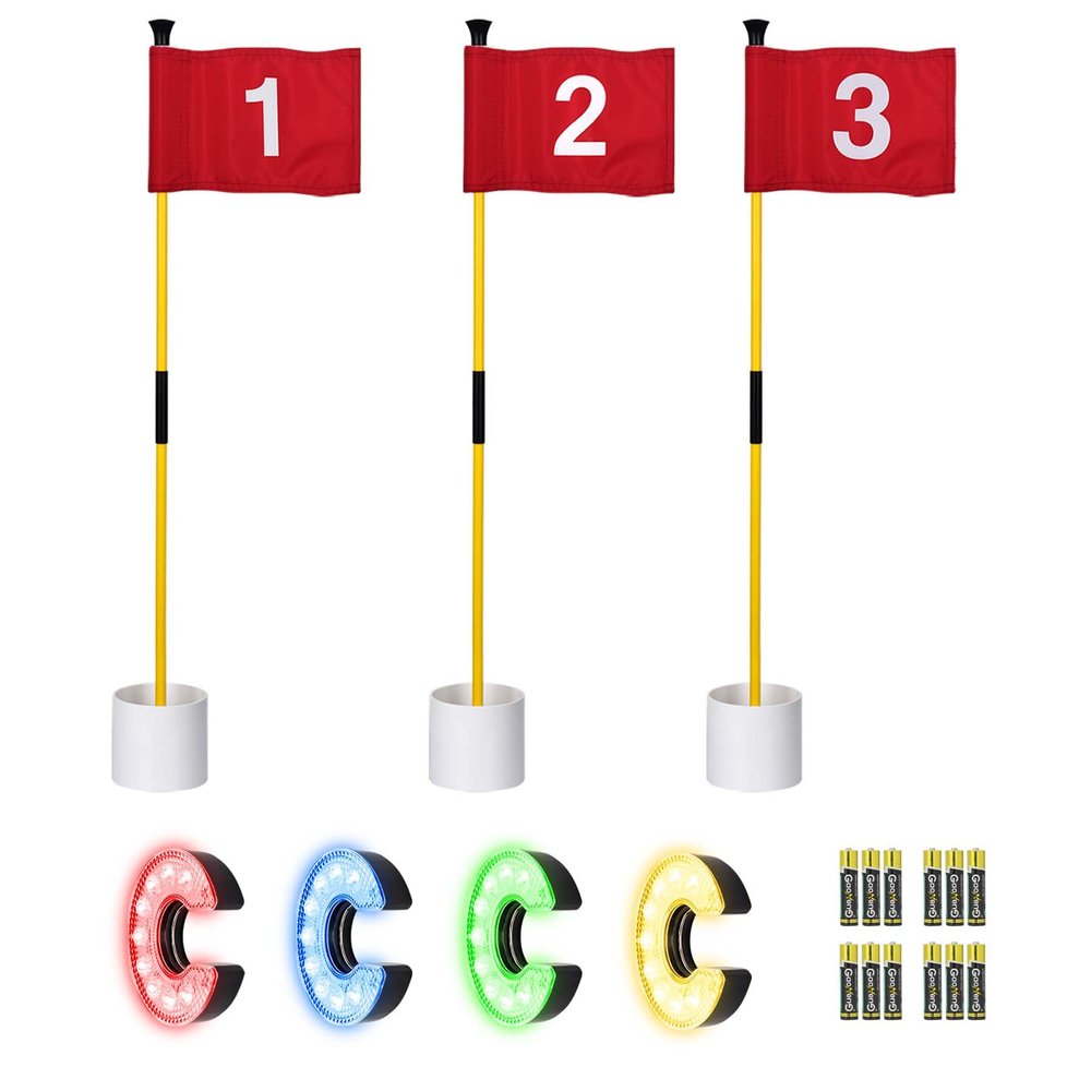 KINGTOP Mini Golf Flagstick with RGB Hole Light, Practice Putting Green Flags for Yard, Golf Pin Flag Hole Cup Set, Light Up Night Golf Party