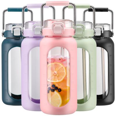 BLUEGO 64oz Water Bottle Glass with Stainless Steel Handle Large Water Bottle with Time Markers and Silicone Sleeve Half Gallon Water Jug BPA Free for Gym Daily Use, Pink