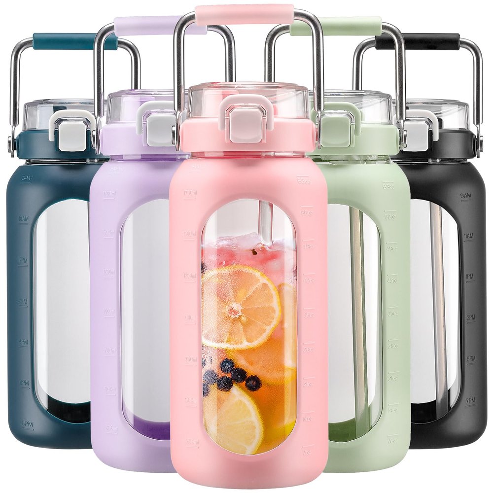BLUEGO 64oz Water Bottle Glass with Stainless Steel Handle Large Water Bottle with Time Markers and Silicone Sleeve Half Gallon Water Jug BPA Free for Gym Daily Use, Pink