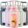 BLUEGO 64oz Water Bottle Glass with Stainless Steel Handle Large Water Bottle with Time Markers and Silicone Sleeve Half Gallon Water Jug BPA Free for Gym Daily Use, Pink view 1