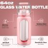 BLUEGO 64oz Water Bottle Glass with Stainless Steel Handle Large Water Bottle with Time Markers and Silicone Sleeve Half Gallon Water Jug BPA Free for Gym Daily Use, Pink view 4