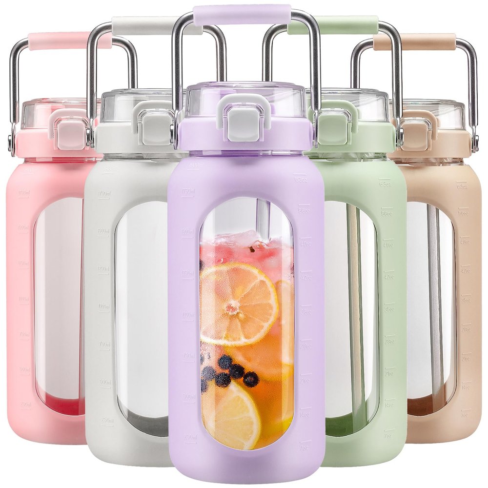 BLUEGO 64oz Water Bottle Glass with Stainless Steel Handle Large Water Bottle with Time Markers and Silicone Sleeve Half Gallon Water Jug BPA Free for Gym Daily Use, Purple