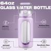 BLUEGO 64oz Water Bottle Glass with Stainless Steel Handle Large Water Bottle with Time Markers and Silicone Sleeve Half Gallon Water Jug BPA Free for Gym Daily Use, Purple view 4