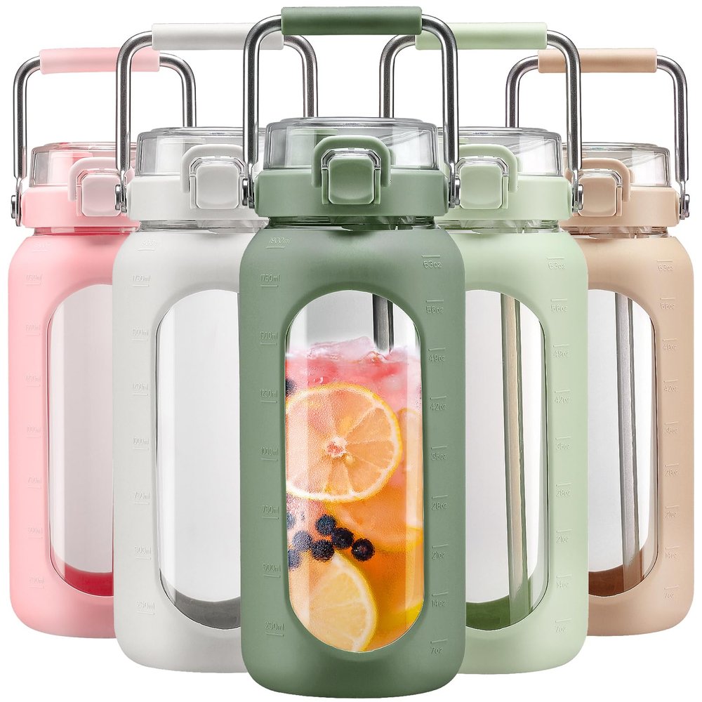 BLUEGO 64oz Water Bottle Glass with Stainless Steel Handle Large Water Bottle with Time Markers and Silicone Sleeve Half Gallon Water Jug BPA Free for Gym Daily Use, Olive