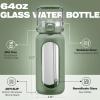 BLUEGO 64oz Water Bottle Glass with Stainless Steel Handle Large Water Bottle with Time Markers and Silicone Sleeve Half Gallon Water Jug BPA Free for Gym Daily Use, Olive view 4
