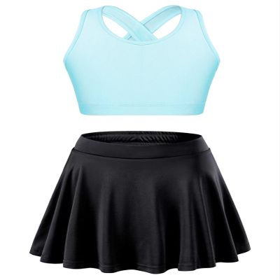YEAHDOR Girls Tennis Golf Sports Outfit Sleeveless U Neck Tank Top with Pleated Skort Skirt Set Gym Dance Tracksuit Light Blue&Black 12 Years