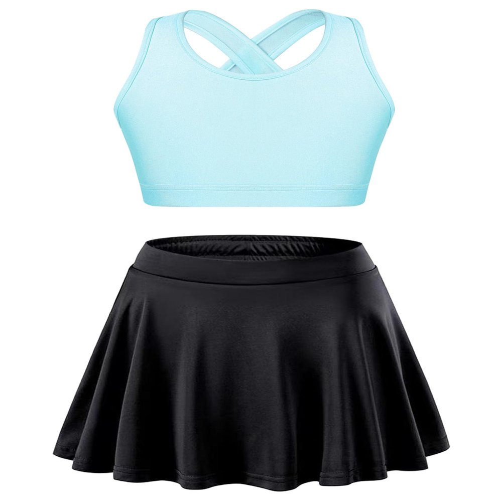 YEAHDOR Girls Tennis Golf Sports Outfit Sleeveless U Neck Tank Top with Pleated Skort Skirt Set Gym Dance Tracksuit Light Blue&Black 12 Years
