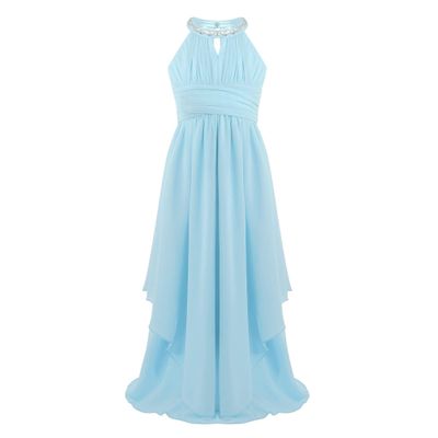 Alvivi Big Girls Halter-Neck Floral Lace Junior Bridesmaid Romper Dress Wedding Party Ball Prom Evening Long Gowns Light Blue B 8 Years