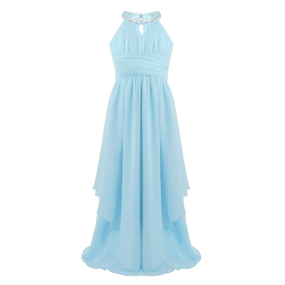 Alvivi Big Girls Halter-Neck Floral Lace Junior Bridesmaid Romper Dress Wedding Party Ball Prom Evening Long Gowns Light Blue B 8 Years