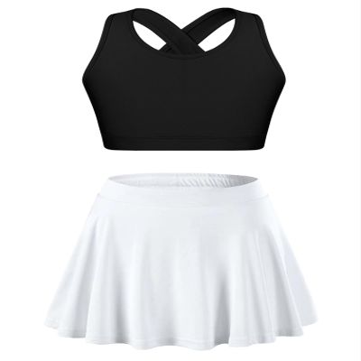 YEAHDOR Girls Tennis Golf Sports Outfit Sleeveless U Neck Tank Top with Pleated Skort Skirt Set Gym Dance Tracksuit Black&White 8 Years