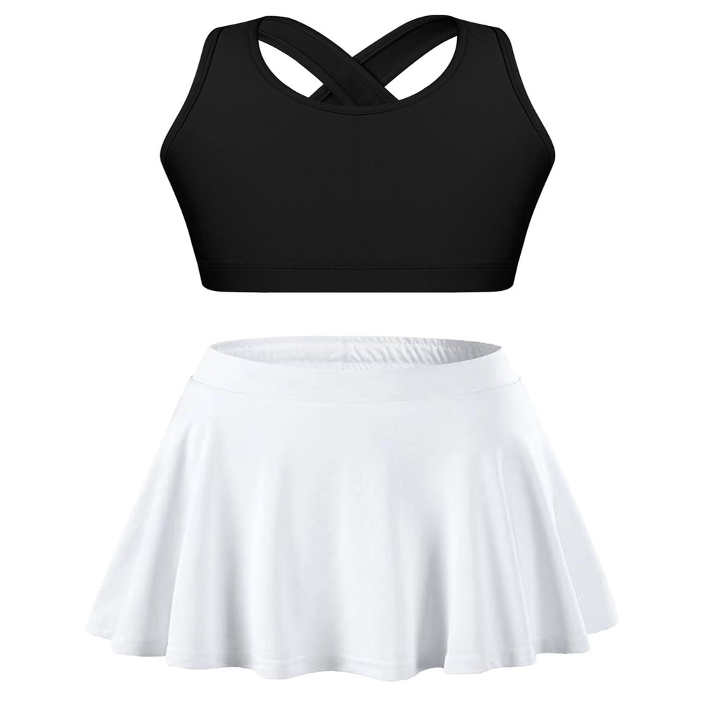 YEAHDOR Girls Tennis Golf Sports Outfit Sleeveless U Neck Tank Top with Pleated Skort Skirt Set Gym Dance Tracksuit Black&White 8 Years