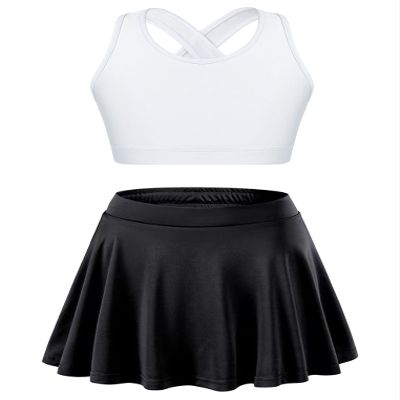 YEAHDOR Girls Tennis Golf Sports Outfit Sleeveless U Neck Tank Top with Pleated Skort Skirt Set Gym Dance Tracksuit White&Black 8 Years