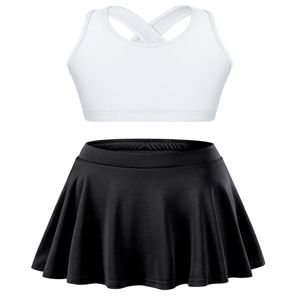 YEAHDOR Girls Tennis Golf Sports Outfit Sleeveless U Neck Tank Top with Pleated Skort Skirt Set Gym Dance Tracksuit White&Black 8 Years