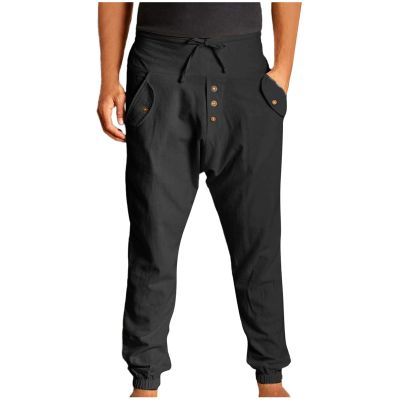 Tactical Pants for Man White Linen Pants Drawstring Elastic Waist Skinny-Fit Solid Loose Trousers Fashion Casual Double Pockets Pants Black M