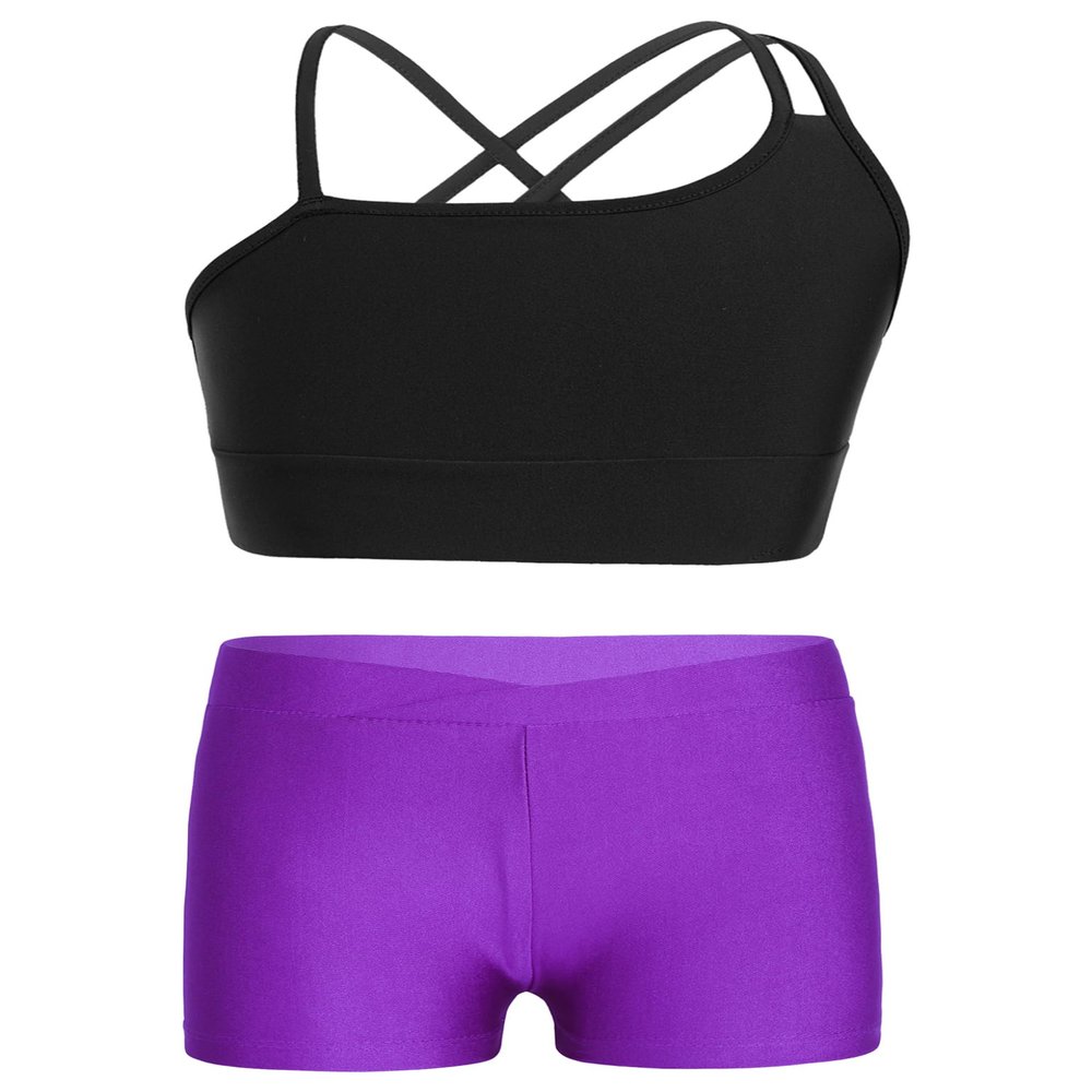 Loodgao Kids Girls 2 Piece Dance Outfits Gymnastics Crop Top with Booty Shorts Sport Tracksuit Swimsuit Clothing Purple#b 5-6