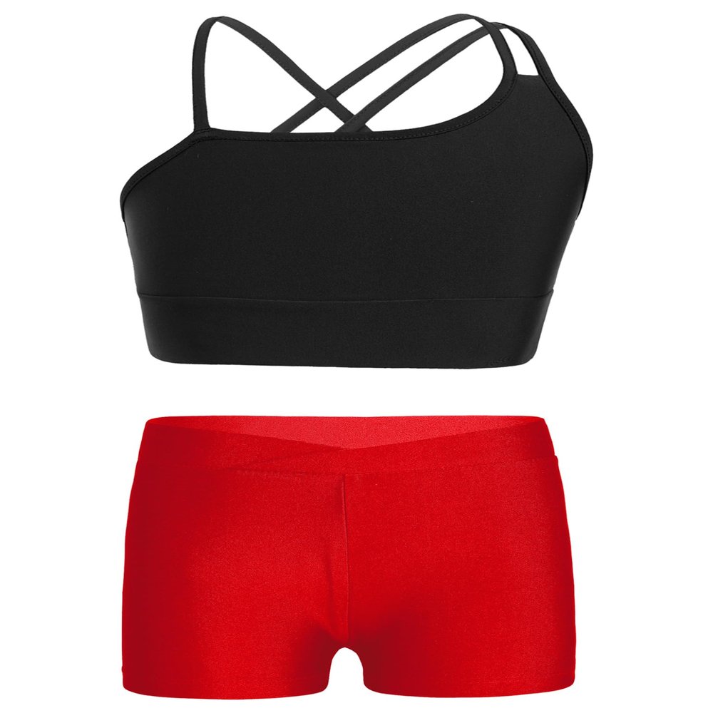 Loodgao Kids Girls 2 Piece Dance Outfits Gymnastics Crop Top with Booty Shorts Sport Tracksuit Swimsuit Clothing Red#b 8-10